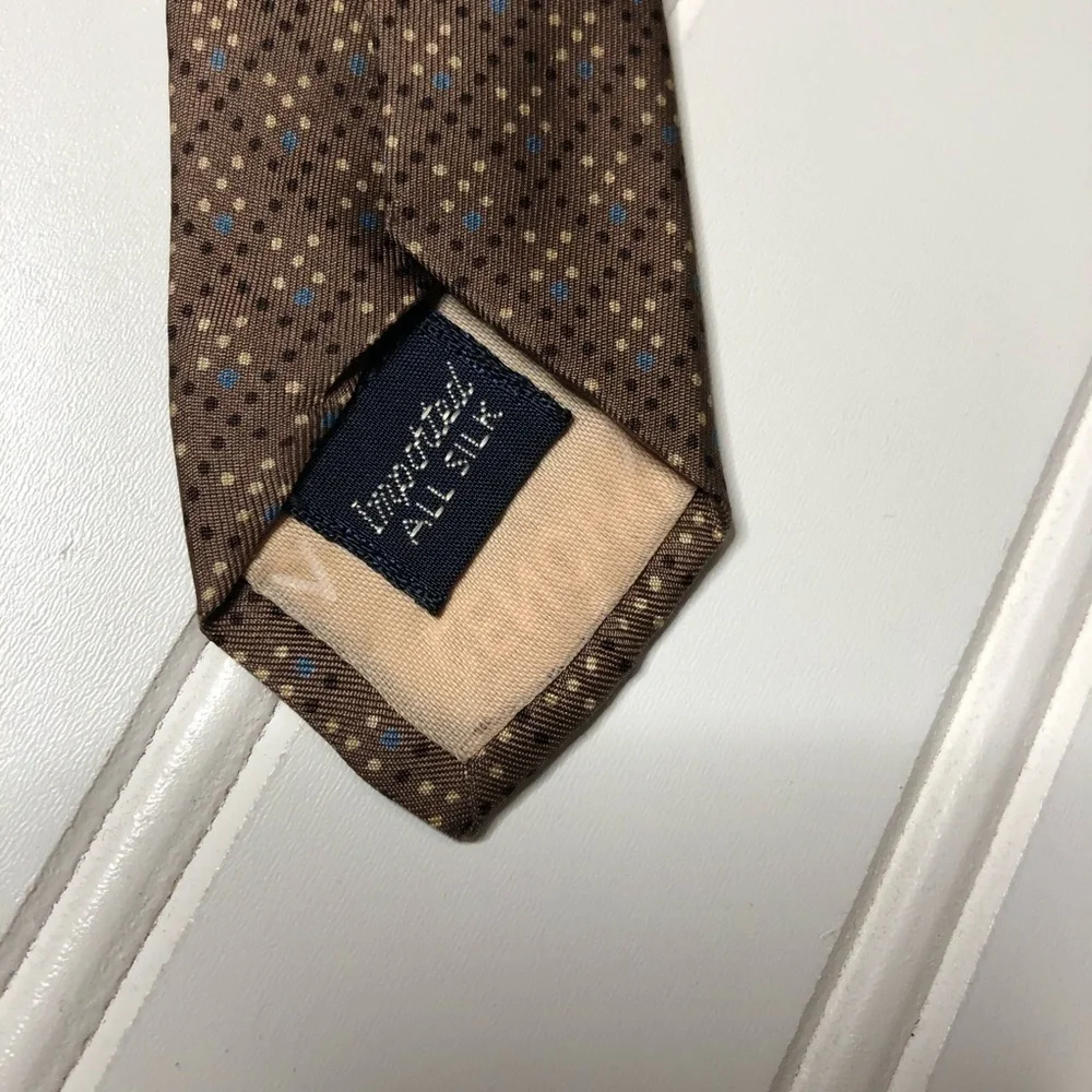 Givenchy brown silk tie with blue and cream dots